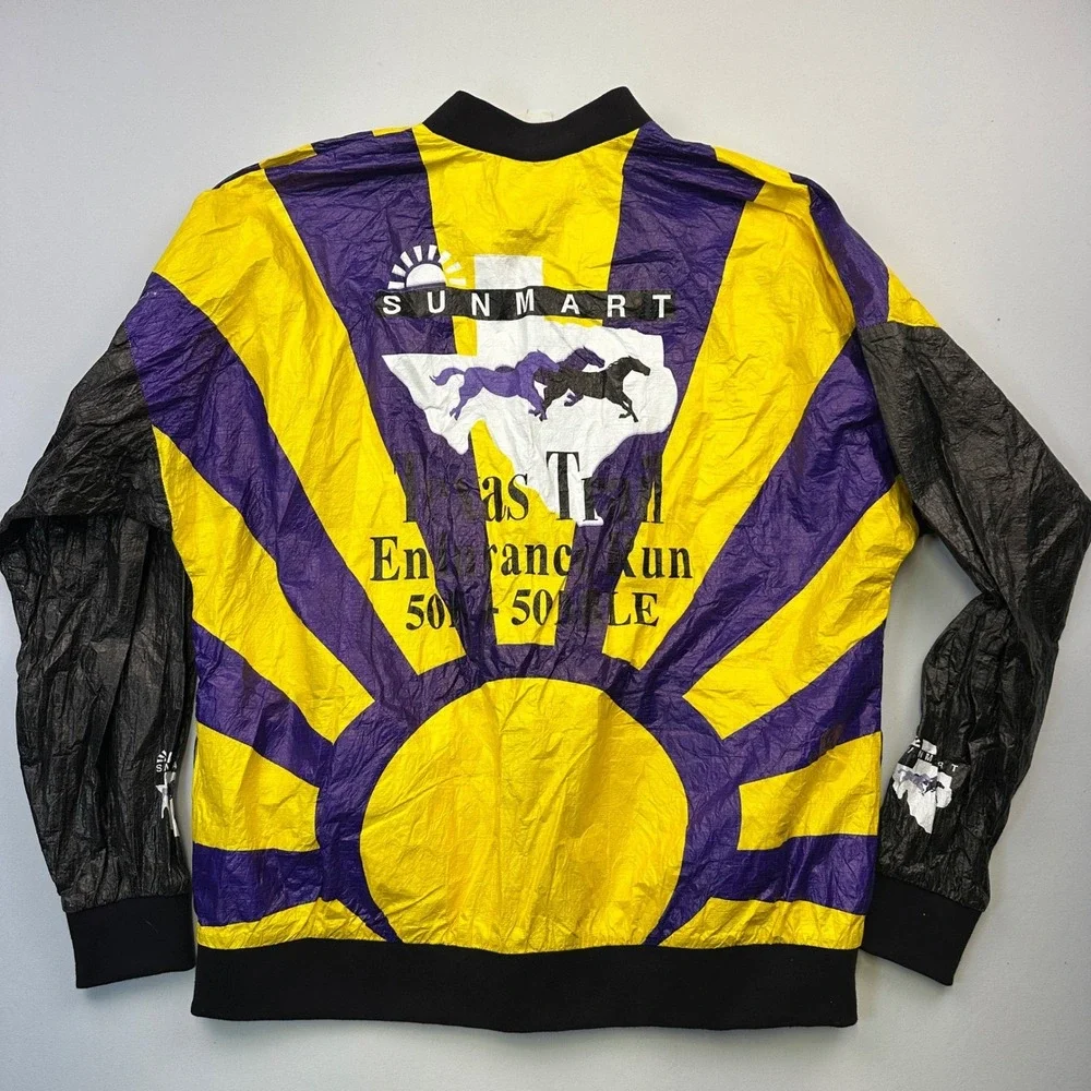Vintage 90s Texas Trail Tyvek Endurance Run‎ Jacket Purple Yellow Sun Horse Sz L